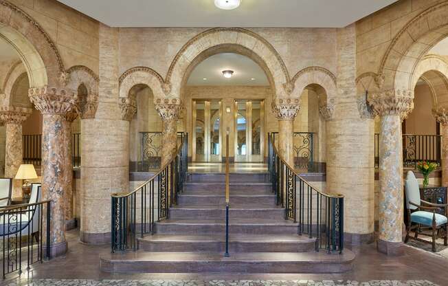 lobby of the estate has columns and arches