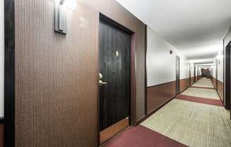 a hallway of elevators and doors