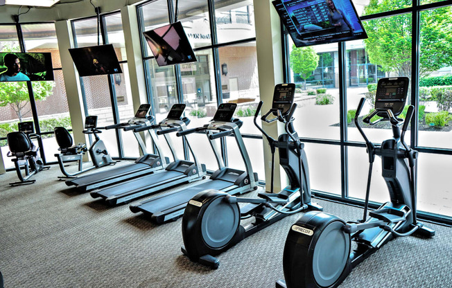 a row of cardio exercise machines in a gym