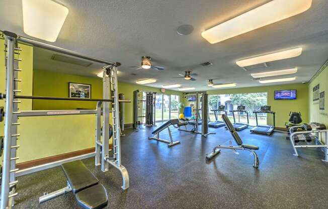 A gym with a variety of equipment including a squat rack, bench, and weights.