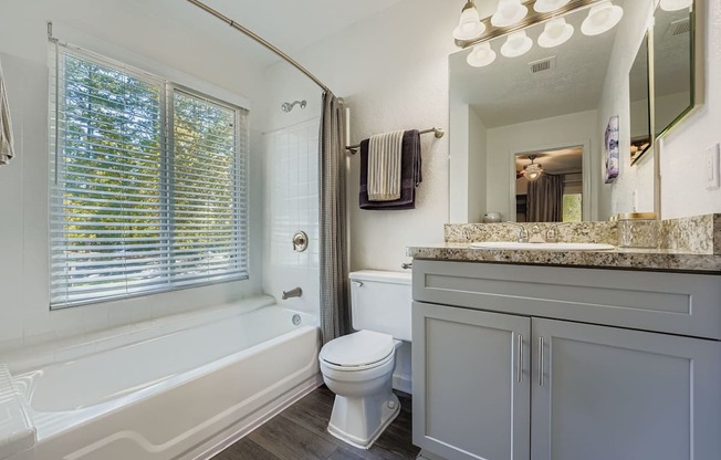 A white toilet sits next to a bathtub in a bathroom.