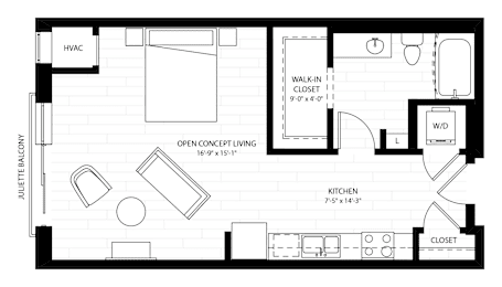 Studio, 1 bath, 536 sqft, $1,694