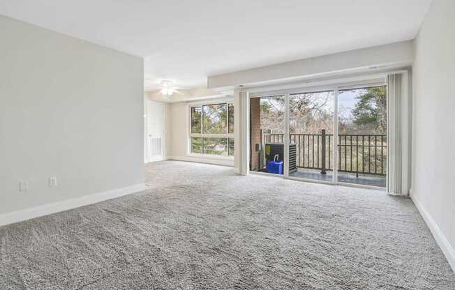 A spacious room with grey carpeting and a sliding glass door leading to a balcony.