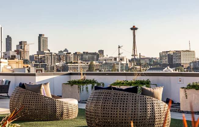 Equinox Rooftop Terrence view of Space Needle at Equinox Apartments, Seattle, Washington