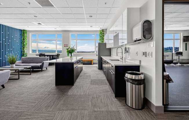 A modern office space with a view of the lake.