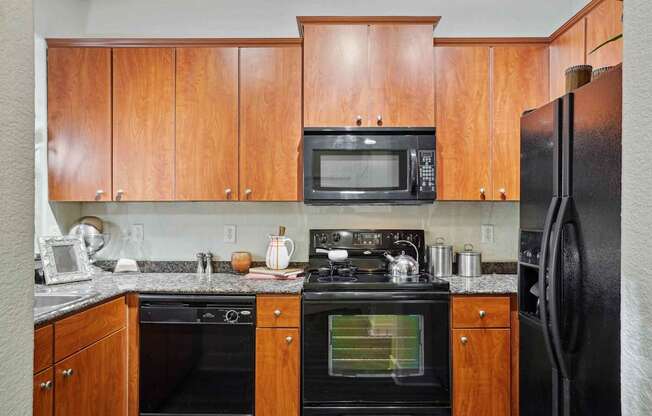 A kitchen with black appliances and wooden cabinets.