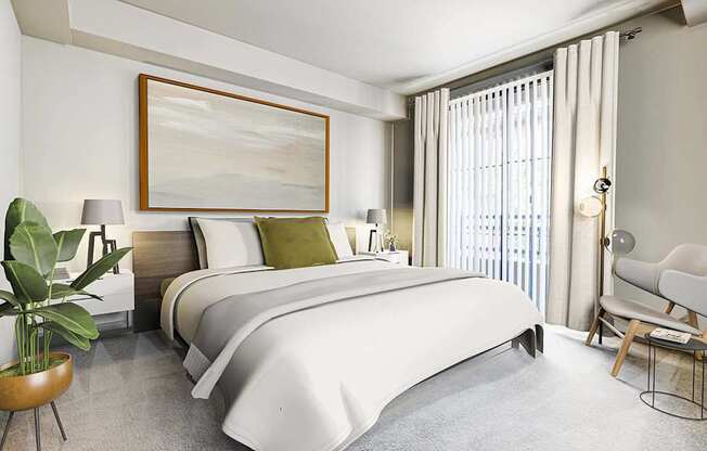 A bedroom with a large bed and a painting on the wall.