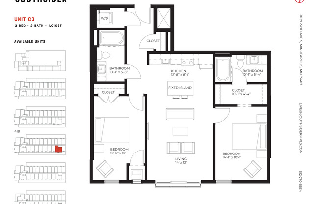 2 beds, 2 baths, 1,010 sqft, $1,789, Unit 418