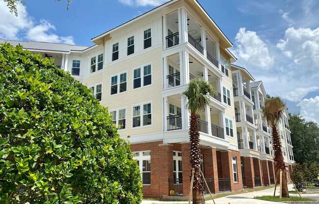 Exterior view of Flats at Tioga Town Center 4-story apartment building near a sidewalk with palm trees and resident parking.