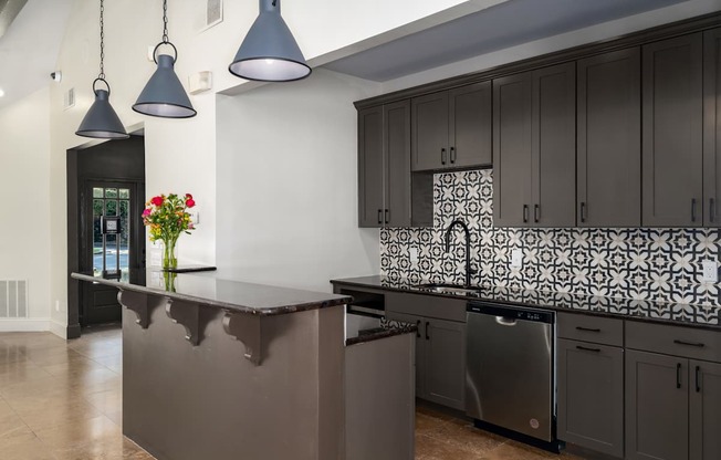 A kitchen with a dark counter and cabinets.