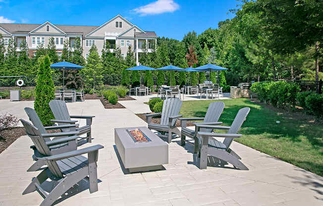 the reserve at bucklin hill patio with fire pit and umbrellas