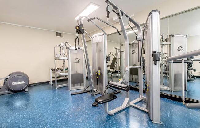 A well-equipped gym area featuring various exercise machines, including a multi-station weight machine, a stationary bike, and mirrors on the walls, all set on a blue floor. The space is designed for fitness activities, with ample room and natural lighting.