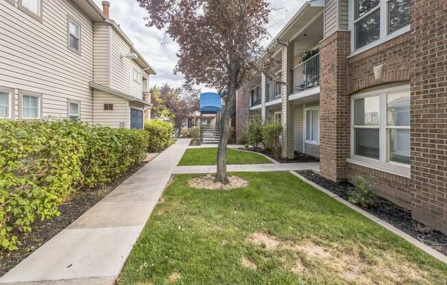 a walkway between two apartment buildings with a tree in the middle