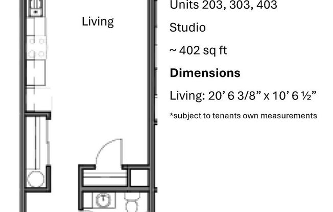 Studio, 1 bath, 398 sqft, $1,250, Unit 203