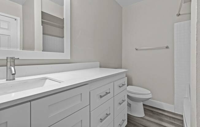 a bathroom with white cabinets and a toilet and a sink