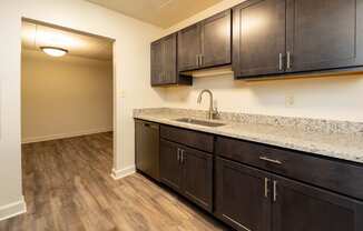 a kitchen with dark cabinets and granite countertops