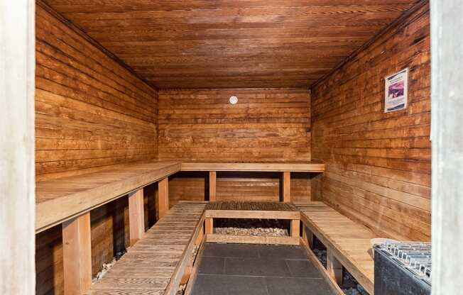 an empty sauna with wooden benches at Linkhorn Bay Apartments, Virginia Beach, VA, 23451