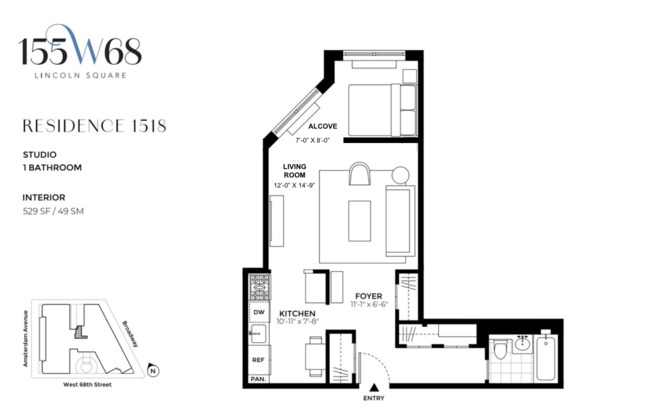 1 bed, 1 bath, 529 sqft, $4,400, Unit 1518