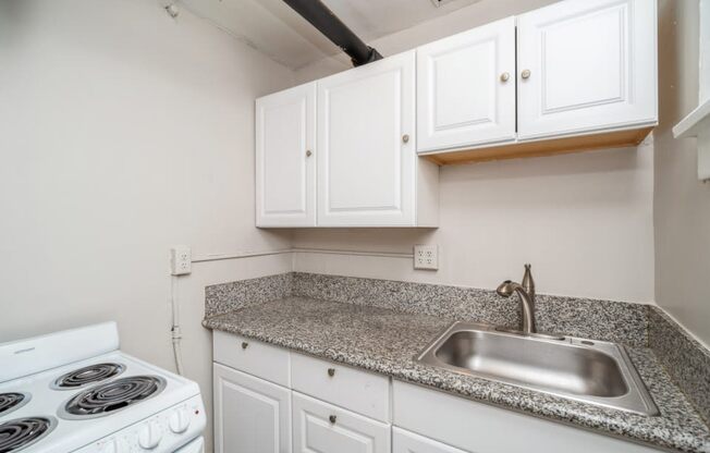 Kitchen with white cabinets and sleek countertops