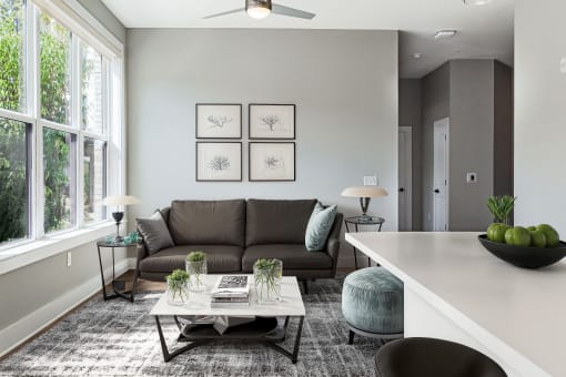 a living room with a couch and a coffee table