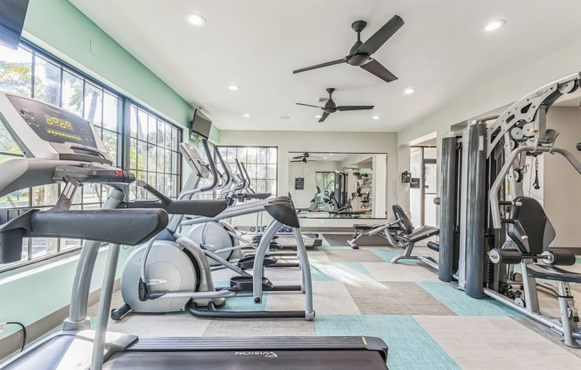 Gym with weights and cardio machines at The Atlantic Preserve, Plantation, FL 33322