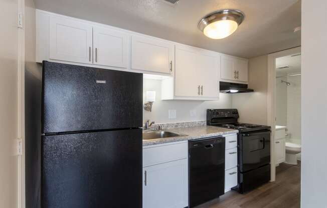 This is a photo of the kitchen in an upgraded 500 square foot 1 bedroom, 1 bath Cedar floor plan at Montana Valley Apartments in Cincinnati, OH.