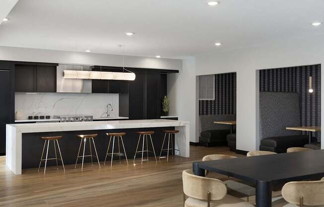 A modern kitchen with a bar area and a dining table.