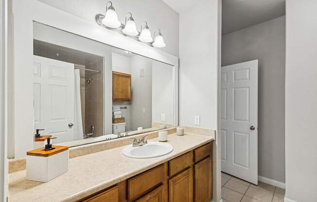 A bathroom with a sink, mirror, and wooden cabinets.