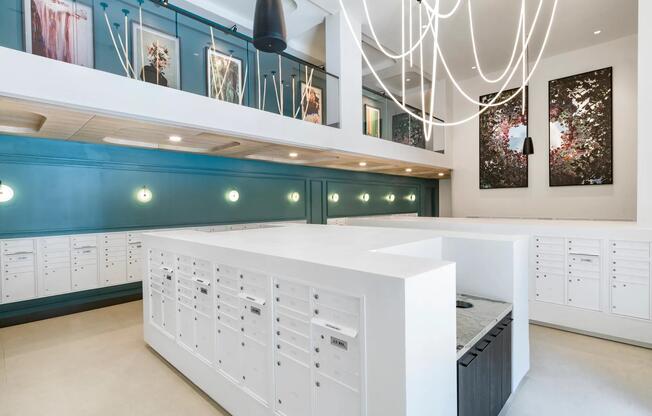 Mailroom with modern design complete with package lockers.