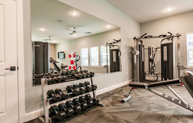 fitness center with dumbbells and a machine at Vantage Luxury Apartments in Cape Coral, FL