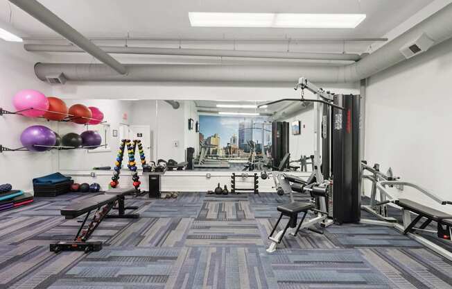A gym with a variety of equipment including a bench, and a weight rack.