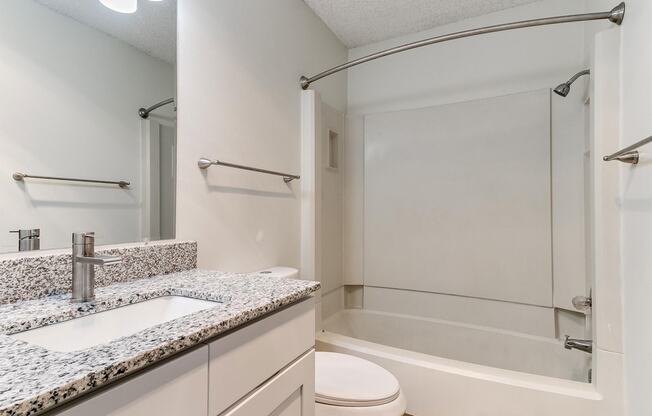 a bathroom with a sink and a shower and a toilet