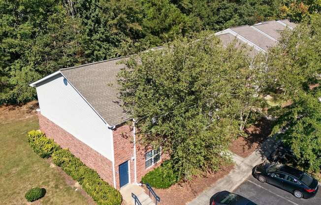 A small building with a blue door is surrounded by greenery.