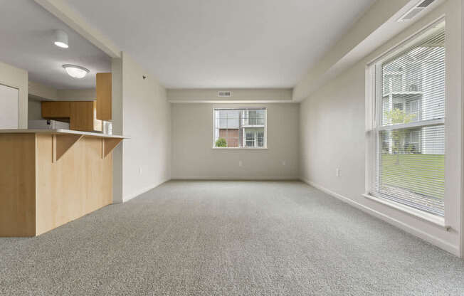 An enlarged living room with a carpeted floor and a window with blinds at Stoney Pointe Apartment Homes, Kansas