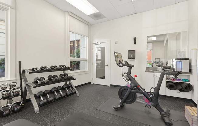 a gym with exercise equipment and dumbbells on the wall