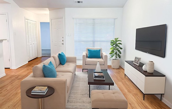 A living room with a couch, a chair, a coffee table, and a television.