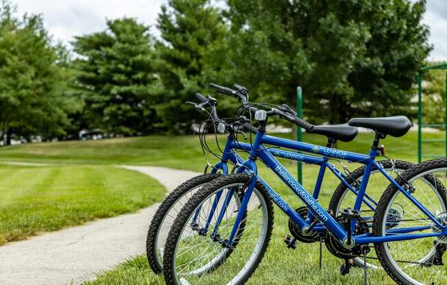 a pair of bikes parked in a park