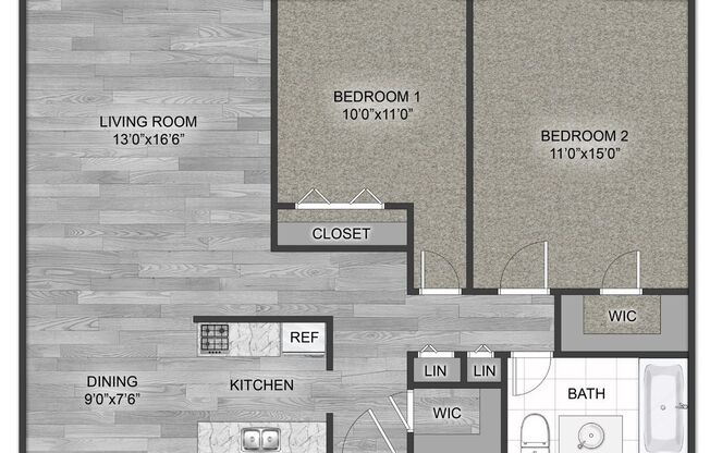 2 beds, 1 bath, 1,100 sqft, $1,355