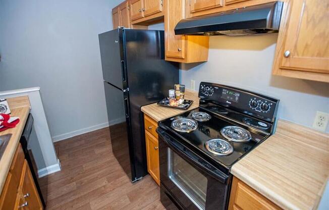 apartment kitchen with fridge and range