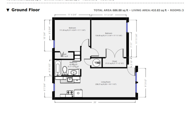 2 beds, 1 bath, 686 sqft, $952, Unit 3