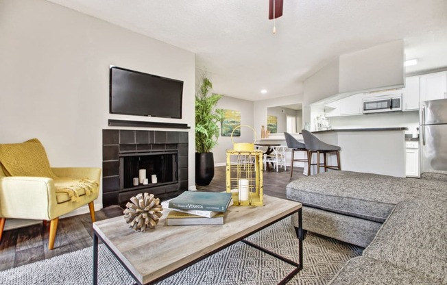 Living Room With TV And Fireplace at Timberwalk at Mandarin Apartment Homes, Jacksonville, FL, 32257