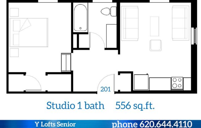 Studio, 1 bath, 556 sqft, $735, Unit 201