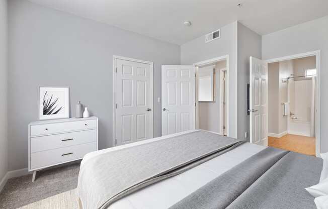 1 Bedroom Apartments in Petaluma, CA - Theatre Square - Furnished Bedroom with Plush Carpet Flooring, a Closet, and an In-Suite Bathroom