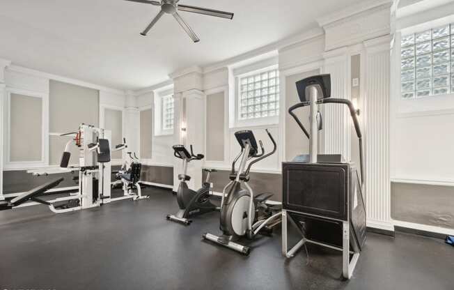 Gym with bike and stair machine and elliptical at The Embassy in St. Louis, 63108
