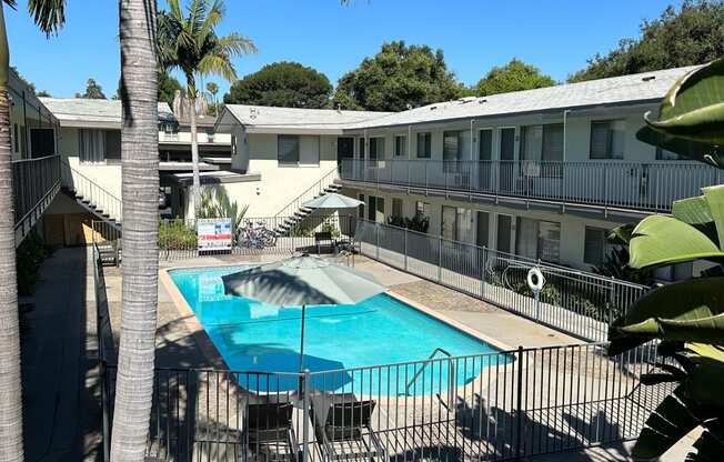 View of swimming pool from second floor level of Los Robles Apartments in Pasadena, California.