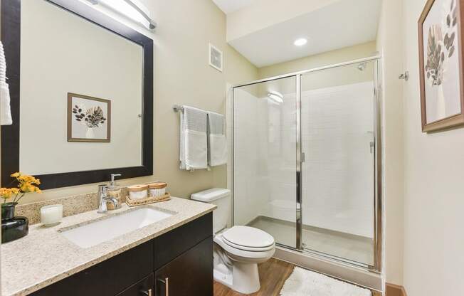 a bathroom with a shower toilet sink and mirror