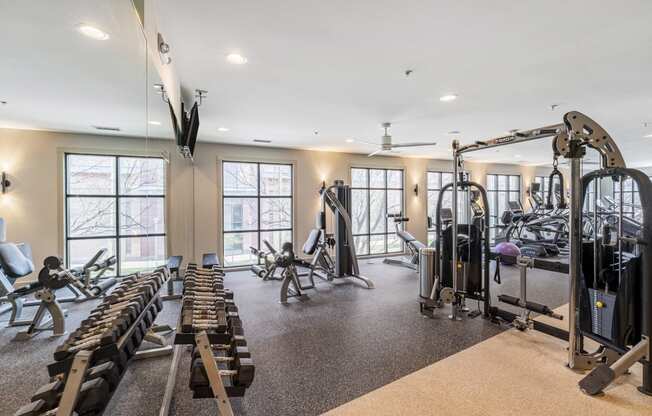 the gym with weights and cardio equipment at the preserve at greatstone