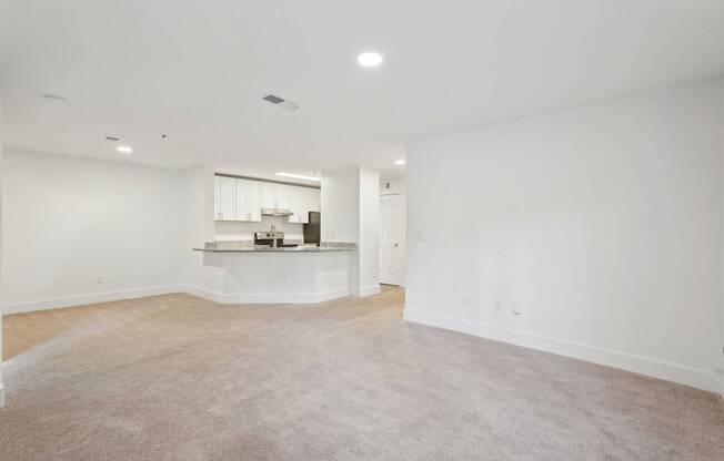 Living room with view of kitchen