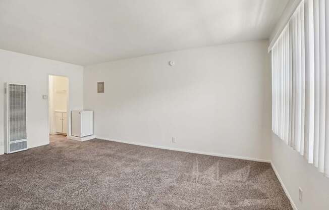 A room with a carpeted floor and a window with blinds.