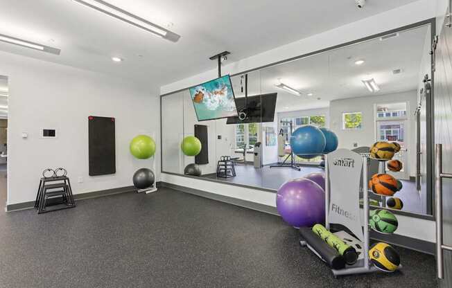 A gym with a variety of exercise balls and equipment.